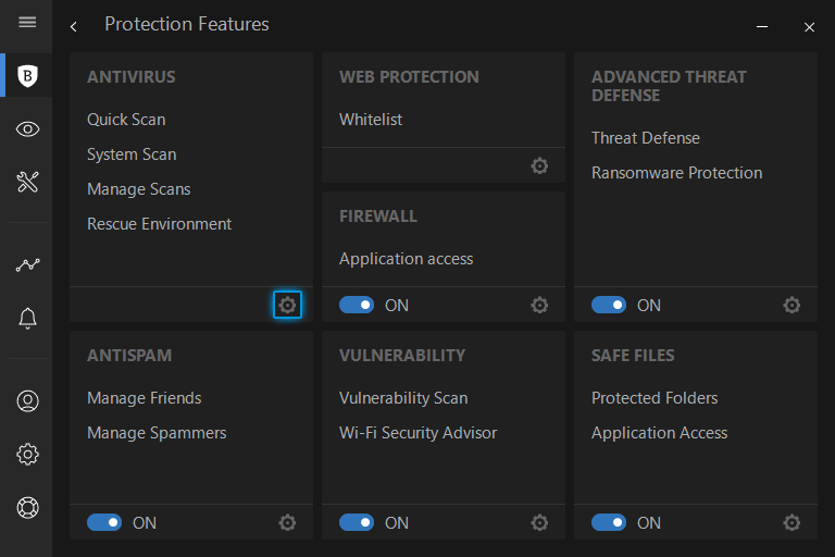 Click on the Gear icon under the ANTIVIRUS panel.