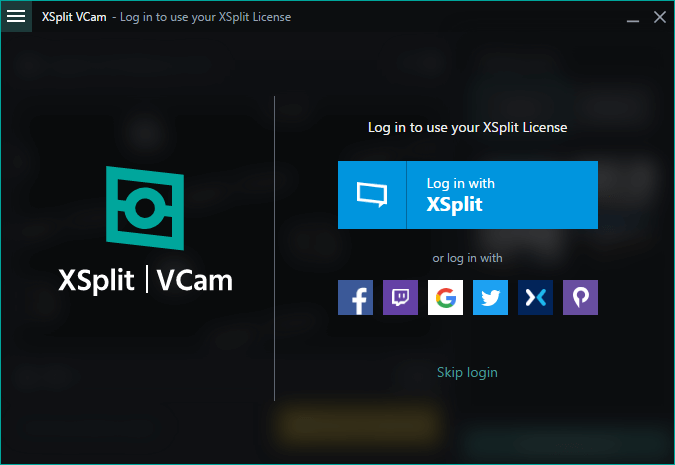 XSplit VCam log in window