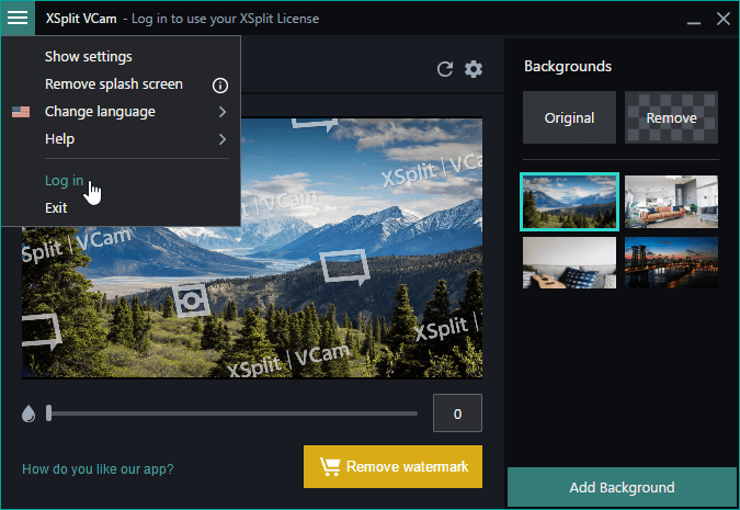 XSplit VCam log in menu