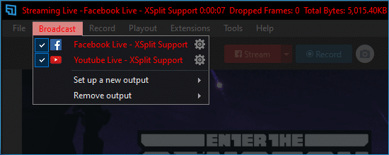 Each output that are live will be displayed in red text inside the Broadcast menu.