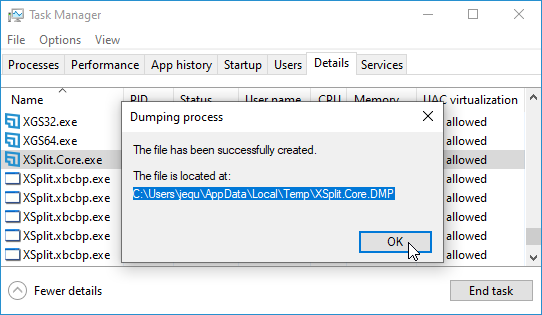 A dialog box showing that the dumping process has been successful.