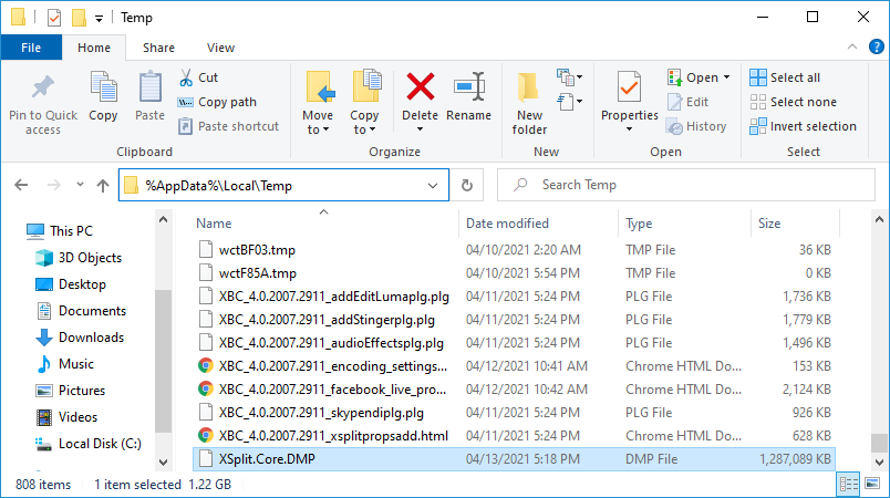 Windows Explorer showing the temporary AppData folder where manually created crash dumps can be found.