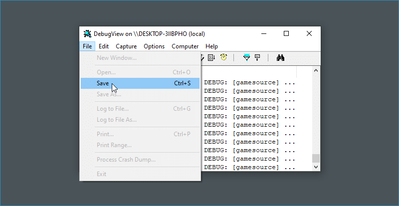 File &gt; save command in Debugview