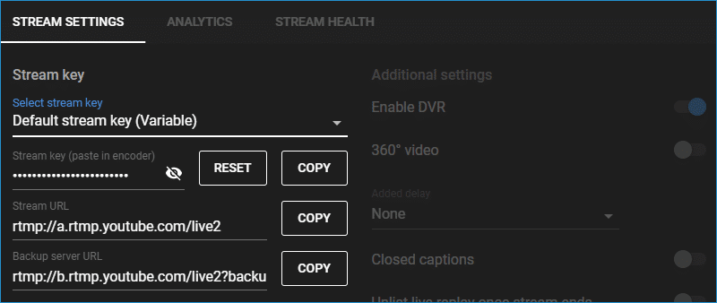 Showing YouTube Studio's Stream settings