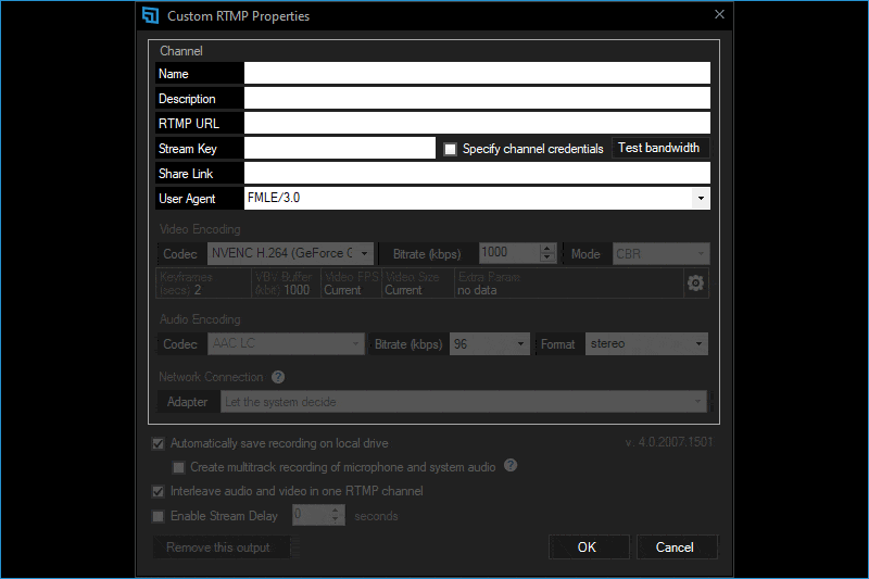 Custom RTMP properties with YouTube RTMP settings