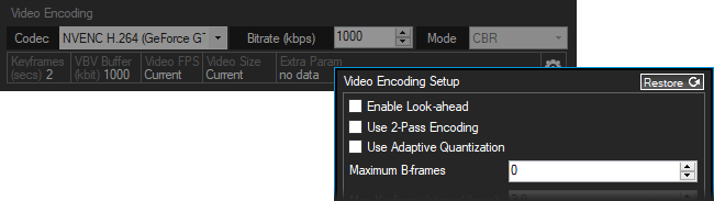 Video Encoding Setup showing new Nvenc settings available for Custom RTMP and Local Streaming outputs