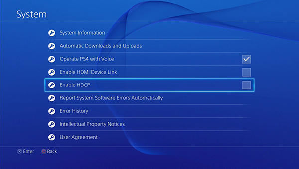 Enable HDCP disabled in the PS4's System settings