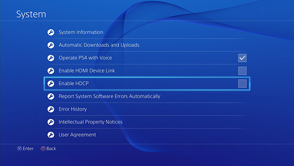 Enable HDCP disabled in the PS4&apos;s System settings