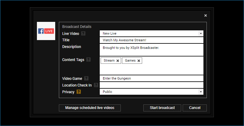 Facebook Live output broadcast details overview