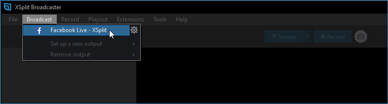 Broadcast &gt; Selecting the Facebook live output you have created