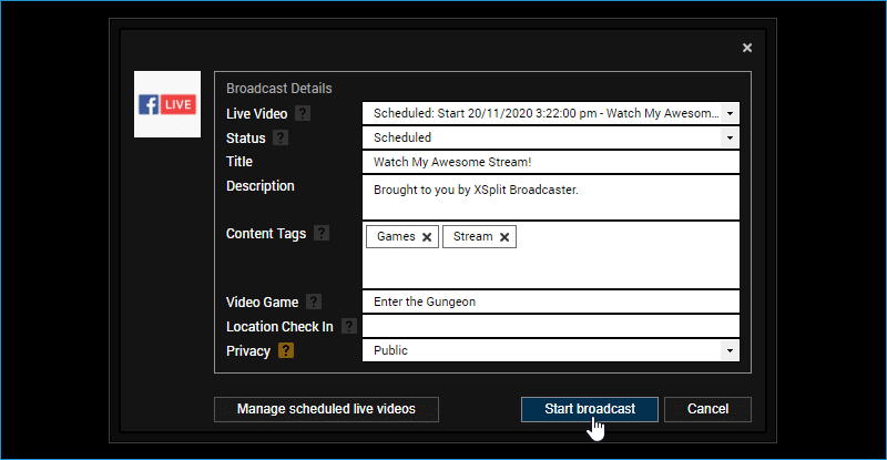 Highlighting the Start broadcast button in the Facebook live output Broadcast Details