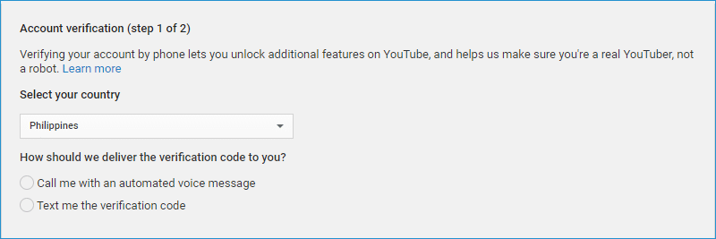 YouTube account verification page step 1 of 2
