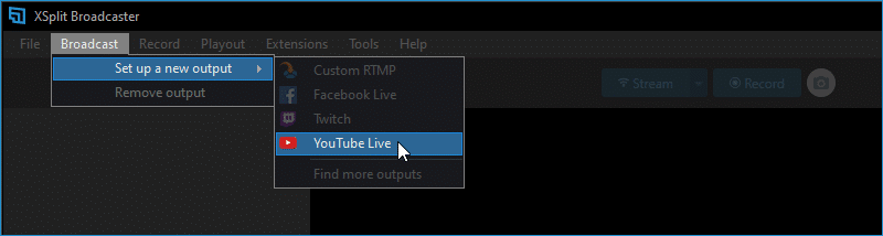 A new YouTube Live output can be made through the Broadcast menu.