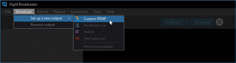 Broadcast &gt; Set up a new output &gt; Custom RTMP highlighted
