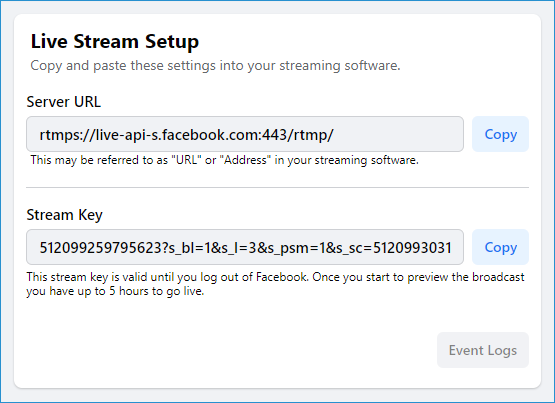 Live Stream Setup with Server URL and Stream Key information ready for copying