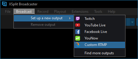 Broadcast &gt; Set up a new output &gt; Custom RTMP highlighted
