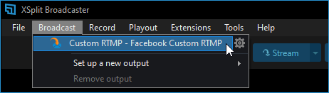 Broadcast &gt; Selecting the Facebook Custom RTMP output you have just created