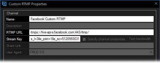Custom RTMP properties with RTMP URL and stream copied from Facebook