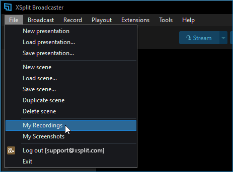 File &gt; My Recordings highlighted in XBC's main menu