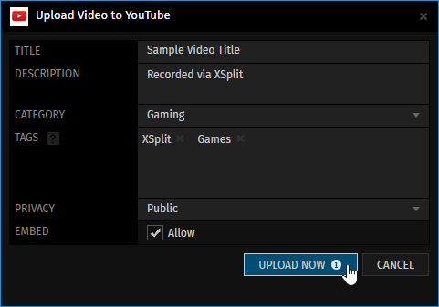 Upload Video to YouTube settings with the necessary fields filled out