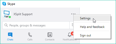 Settings Menu highlighted in Skype