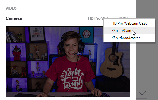 Selecting XSplit VCam as the camera in Skype&apos;s video settings