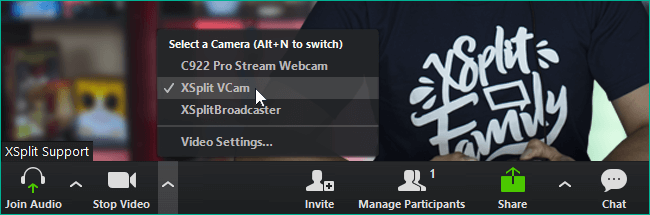 XSplit VCam selected as a camera in Zoom's active call window
