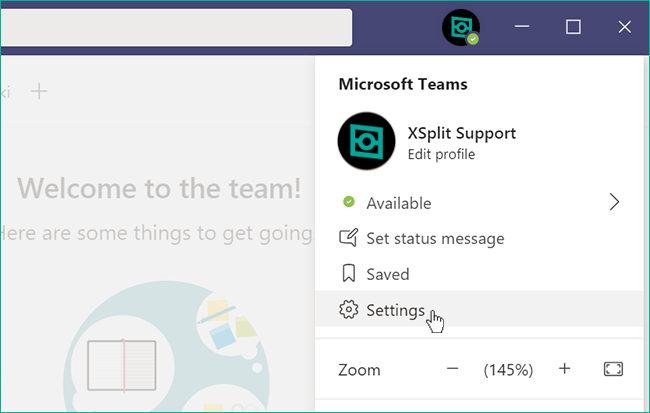 Settings highlighted on Microsoft Team's app menu