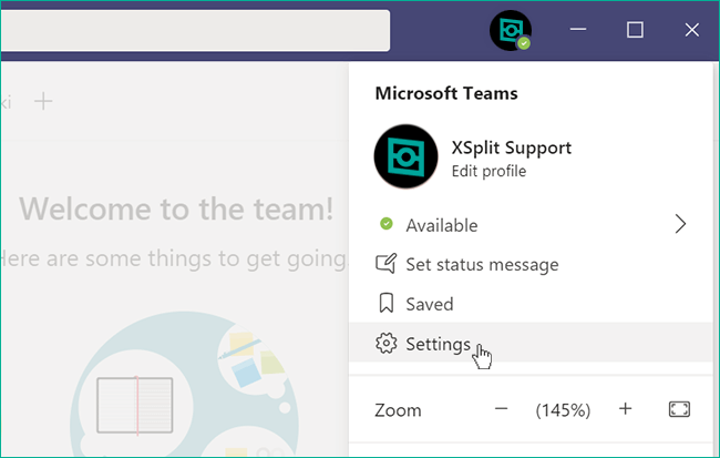 Settings highlighted on Microsoft Team&apos;s app menu