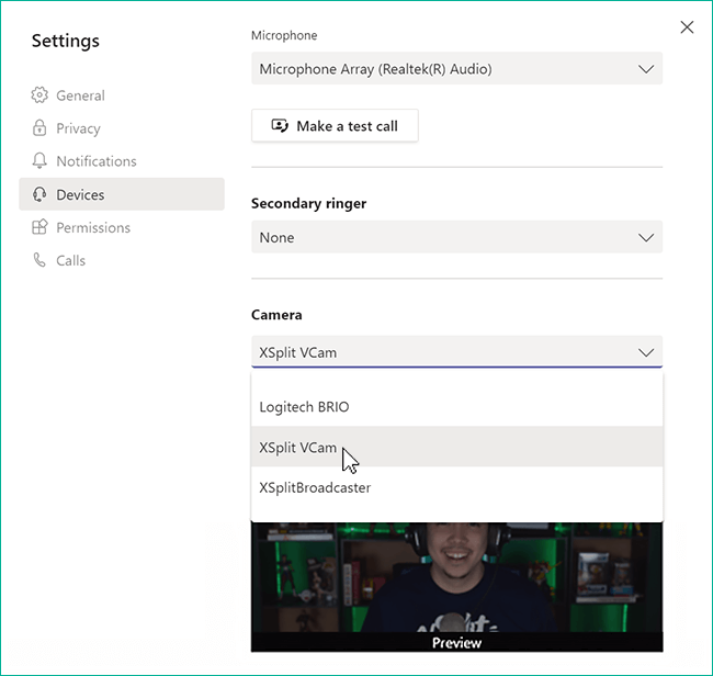 Selecting XSplit VCam as a camera in Microsoft Team's Devices settings