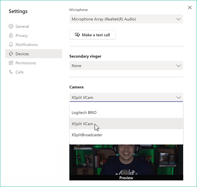 Selecting XSplit VCam as a camera in Microsoft Team&apos;s Devices settings