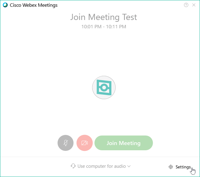 Settings link highlighted in Webex Meeting's app