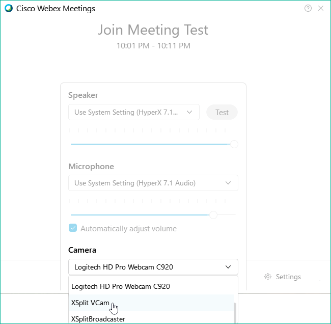 Selecting XSplit Vcam as a camera in Webex Meeting's camera settings
