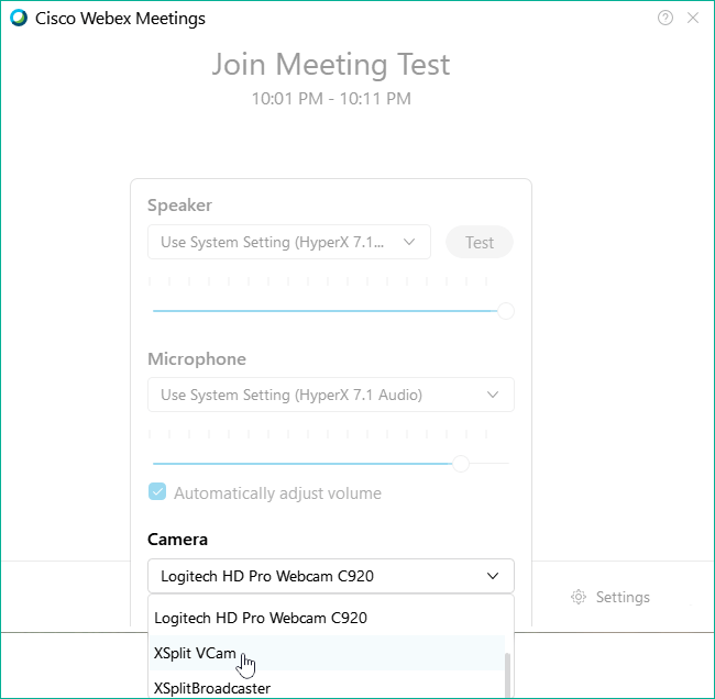 Selecting XSplit Vcam as a camera in Webex Meeting&apos;s camera settings