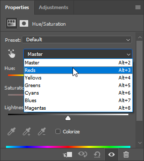 Selecting a color channel in a Hue/Saturation adjustment layer in Adobe Photoshop