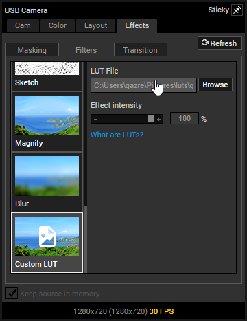 Effects tab in source properties from XSplit Broadcaster showing how to apply a LUT file