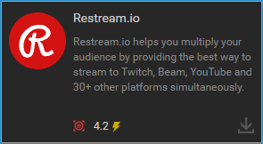 The Restream.io plugin as it would appear in the Plugin Store. It hasn't been installed yet.