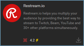 The Restream.io plugin as it would appear in the Plugin Store. It hasn&apos;t been installed yet.