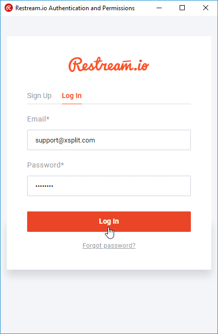 Restream Authentication process involves logging into your Restream.io account, then authorizing XSplit to use it.