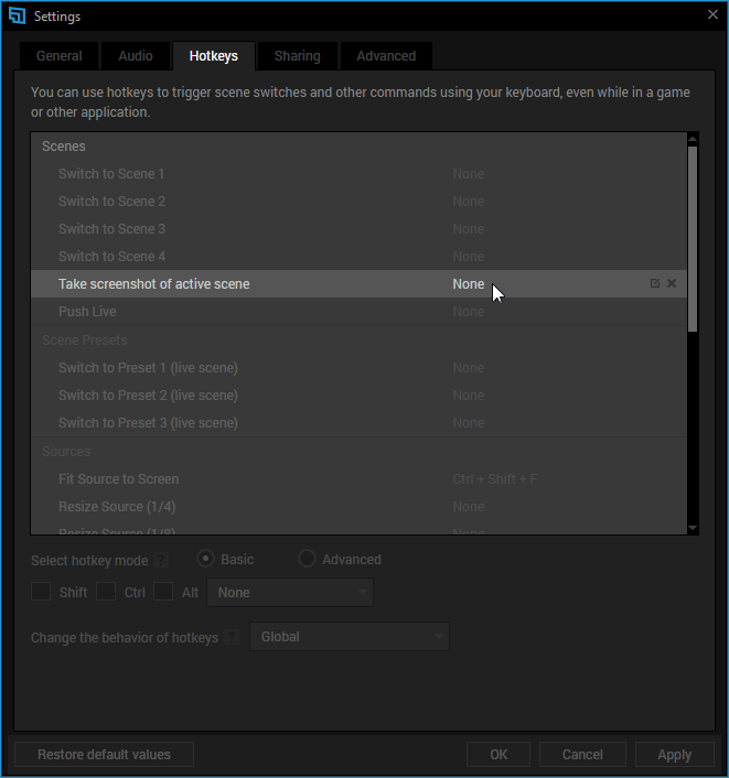 Setting a hotkey on the Screenshots action in Tools &gt; Settings &gt; Hotkeys tab