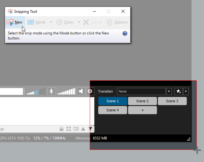Selecting New in snipping tool and selecting a region to snapshot