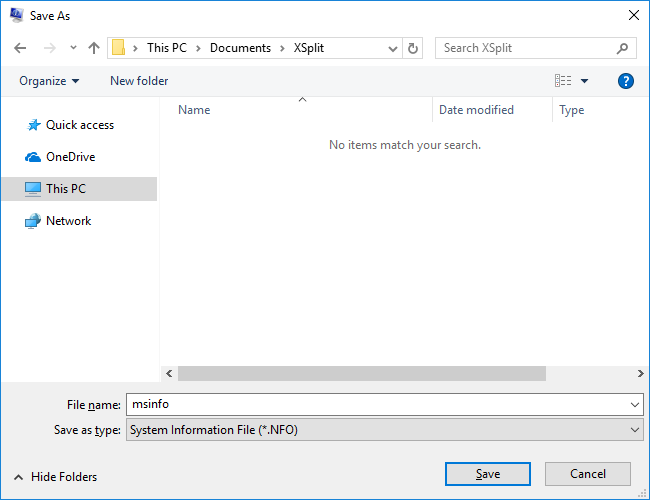 naming the MSINFO file and making sure the save as type is set to .NFO before saving