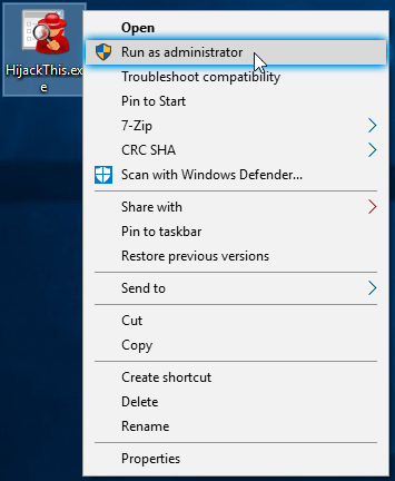 Selecting Run as Administration when running Hijackthis.exe