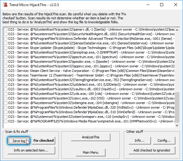 Selecting Save log after HiJackThis finishes the scan