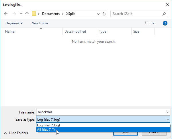 Setting the logfile type to All Files in the Save dialog box