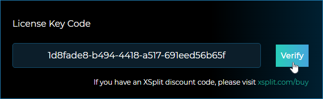 XSplit Code redemption - License key entered and ready to verify