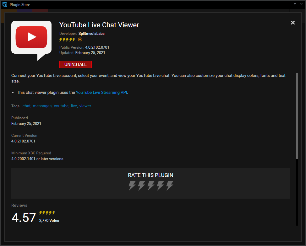 YouTube live chat viewer plugin showing as installed