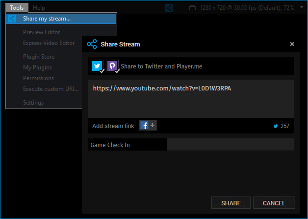 XBC Share Stream window with a YouTube URL added