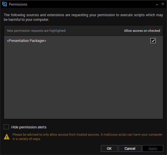 Permissions window showing the Presentation packager extension is allowed access