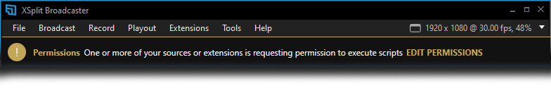 Ribbon message stating that one of XBC's sources is requesting script execution permissions